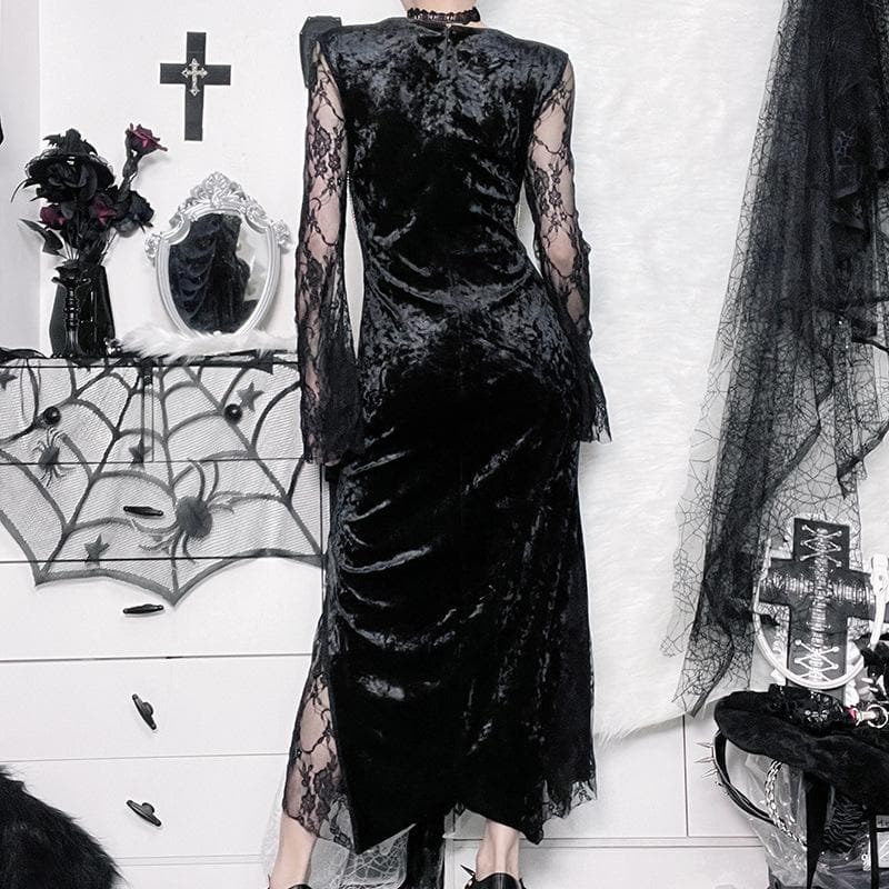 Lace contrast long flared sleeve metal chain zip-up velvet midi dress - View 3