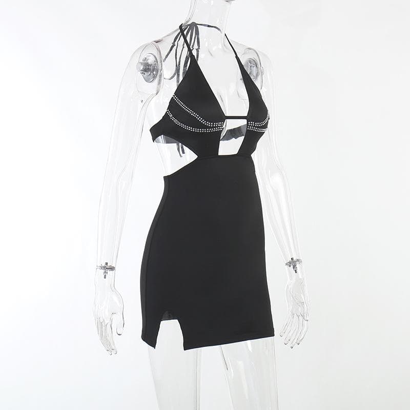 Beaded Halter Neck Cut Out High Split Bodycon Mini Dress