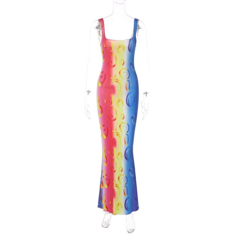 Contrast print ruffle backless maxi dress