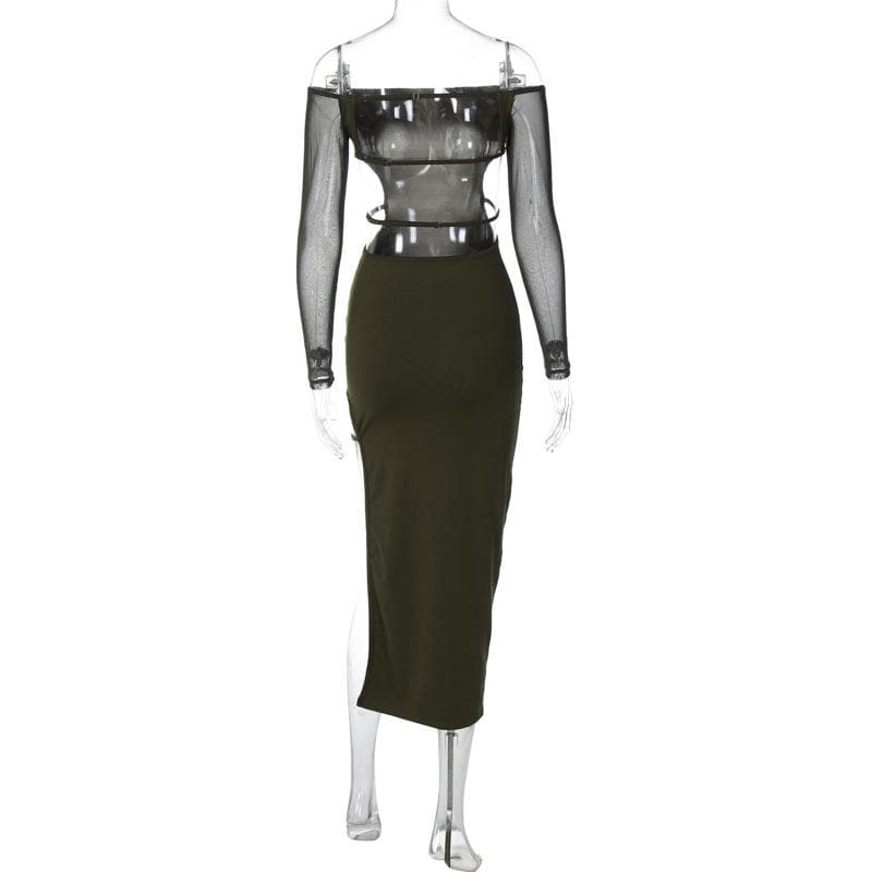 Off Shoulder Mesh Long Sleeve Cut Out High Split Midi Dress 3
