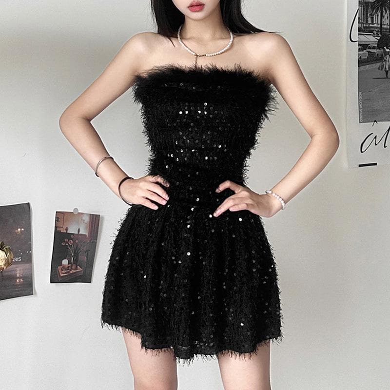 Textured glitter backless feather tube mini dress 5