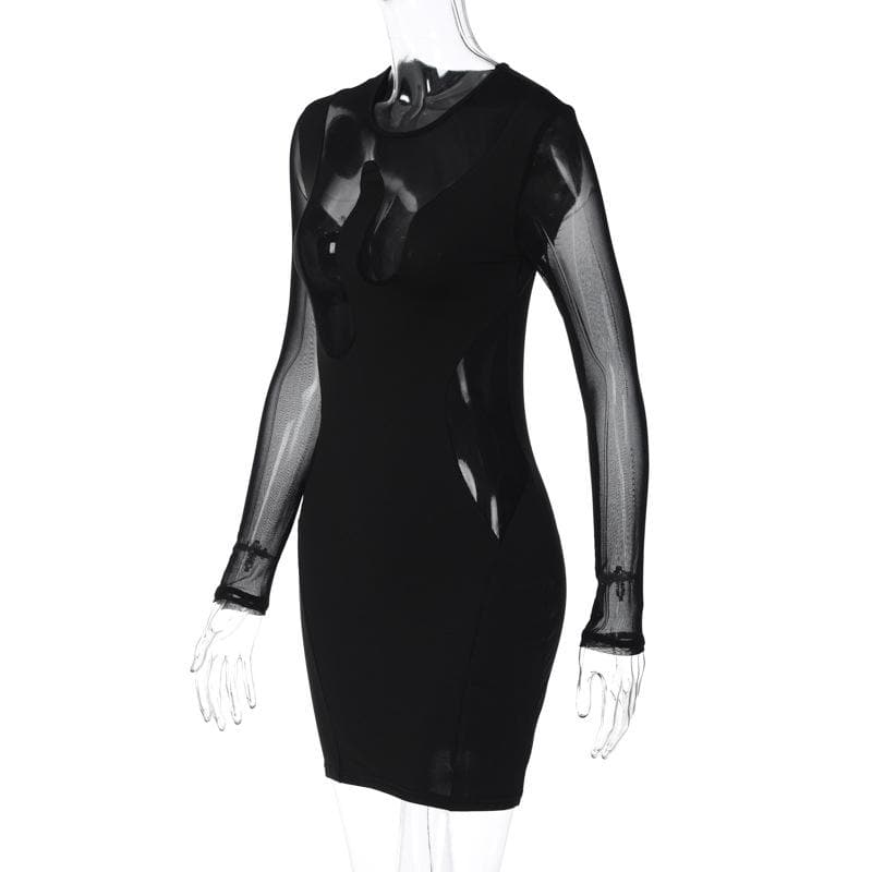 Mesh long sleeve patchwork solid mini dress 3