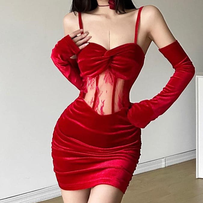 Velvet Twist Bust Lace Mesh Waist Ruched Cami Mini Dress with Gloves