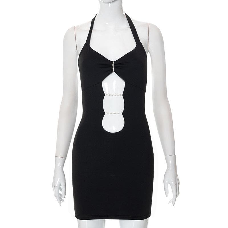 Halter Neck Ruched Cut Out Beaded Bodycon Mini Dress