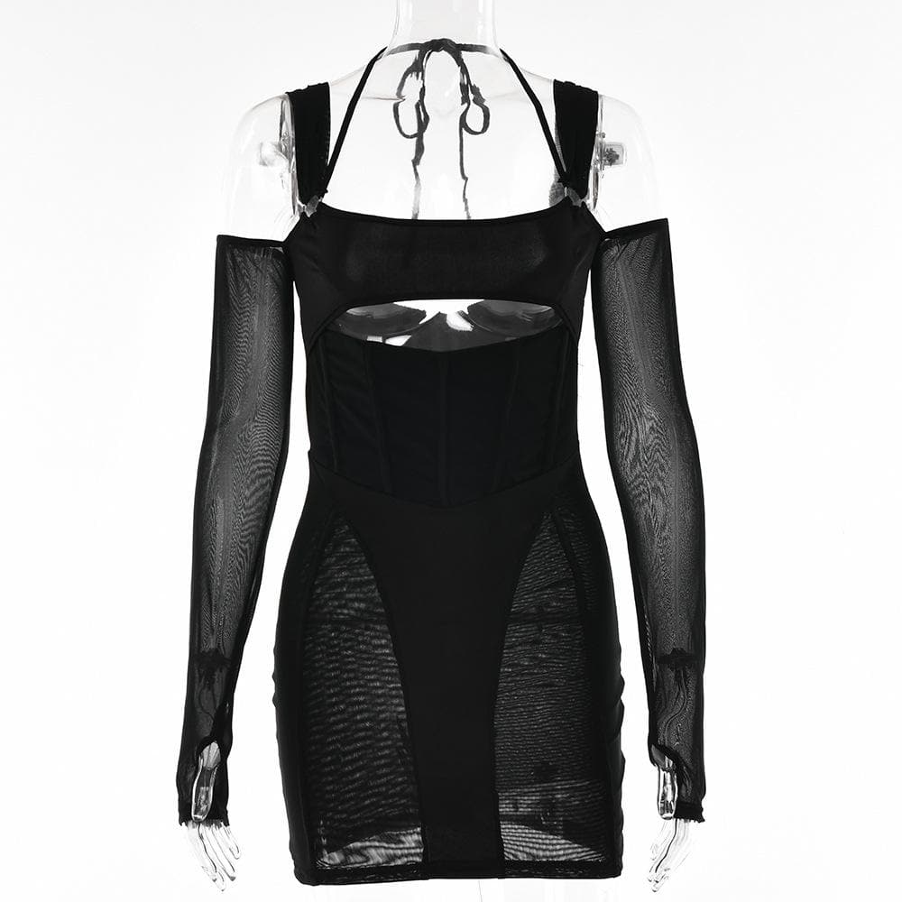 Mesh Square Neck Long Sleeve Corset Cut Out Bodycon Mini Dress