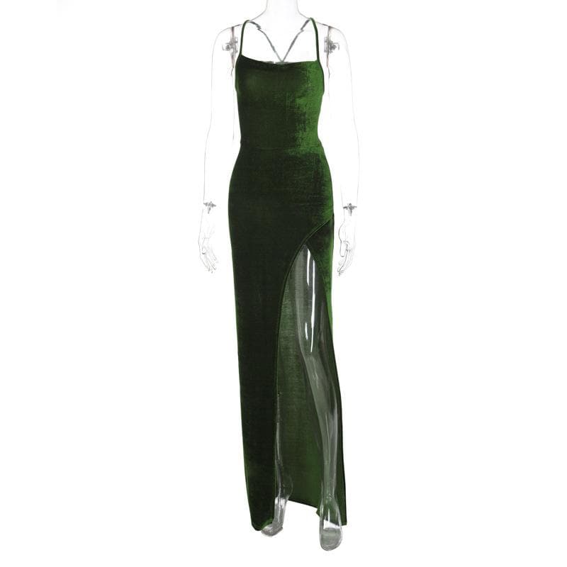 Velvet lace up solid slit cross back sleeveless midi dress - View 8