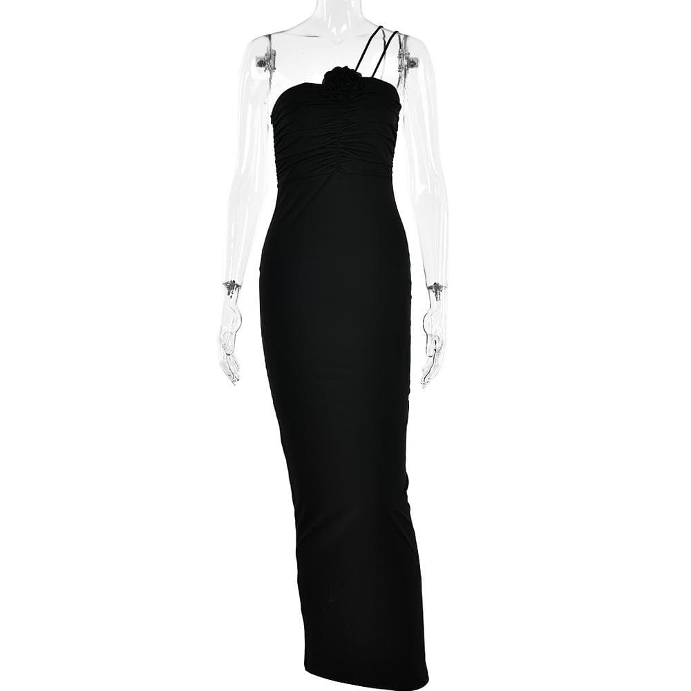 Flower applique solid one shoulder ruched zip-up maxi dress - View 4