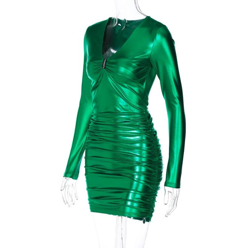 Metallic ruched long sleeve v neck mini dress - View 8