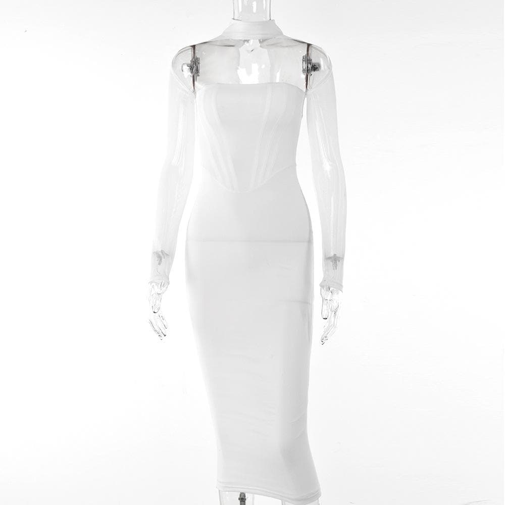 Sheer Mesh Long Sleeve Choker Strapless Bodycon Midi Dress