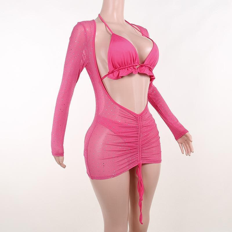 Rhinestone Sheer Mesh Long Sleeve Halter Ruched Cut Out Mini Dress