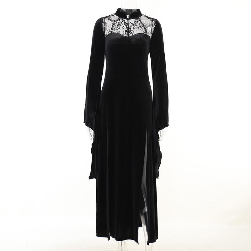 Velvet lace patchwork button solid high neck long flared sleeve slit midi dress 2