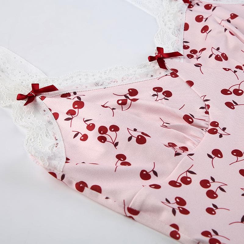 Cherry print contrast lace hem v neck sleeveless mini dress - View 5