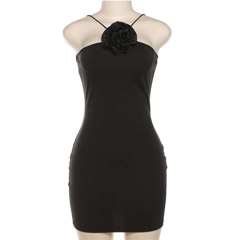Halter Neck Sleeveless Flower Applique Bodycon Mini Dress