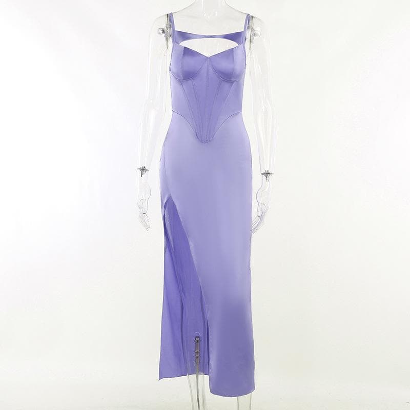 Satin Spaghetti Strap Corset Cut Out High Split Maxi Dress