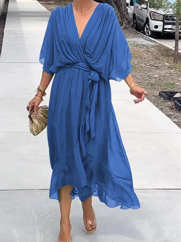 Chiffon Deep V-Neck Batwing Wrap Midi Dress 11