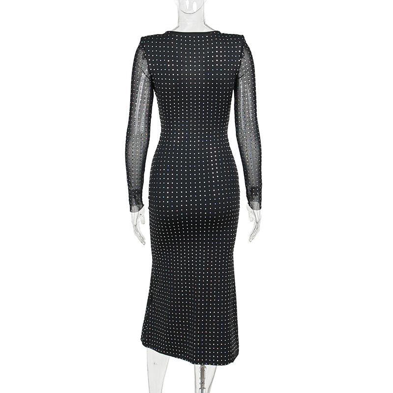 Polka dot contrast hollow out long sleeve mesh midi dress 4