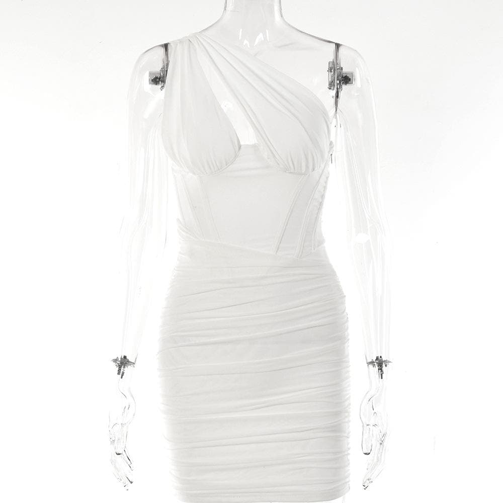 One Shoulder Mesh Ruched Cut Out Bodycon Mini Dress