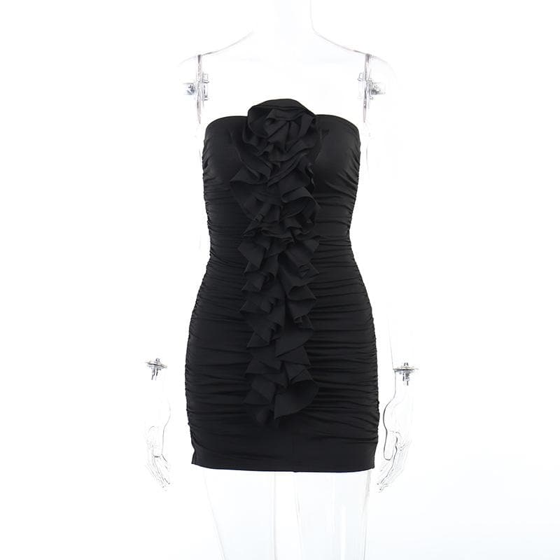 Strapless Ruched Floral Applique Ruffle Bodycon Mini Dress
