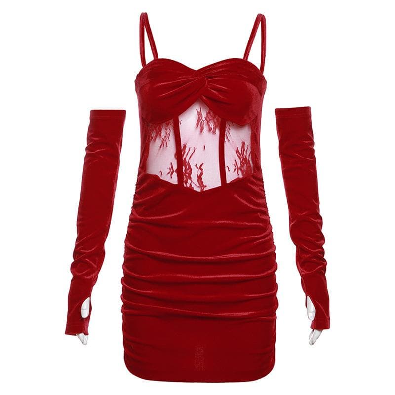 Velvet Twist Bust Lace Mesh Waist Ruched Cami Mini Dress with Gloves 2
