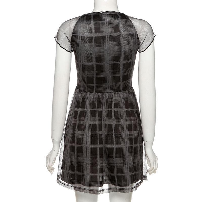 Mesh short sleeve plaid A line ruffled dress 6
