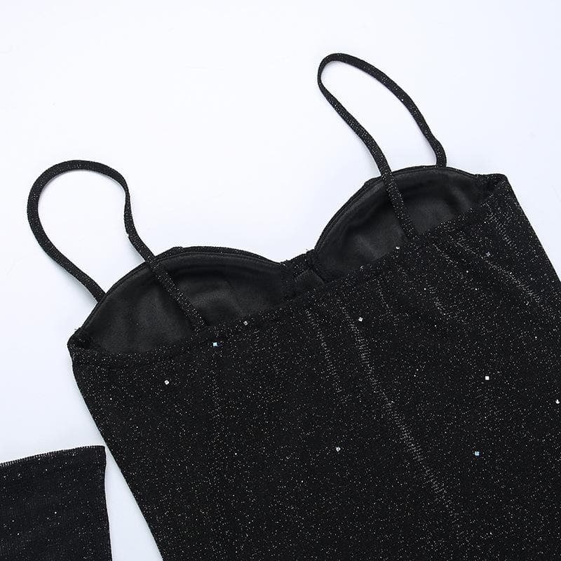 Glitter Sweetheart Neck Cami Slit Bodycon Mini Dress with Mesh Gloves 5