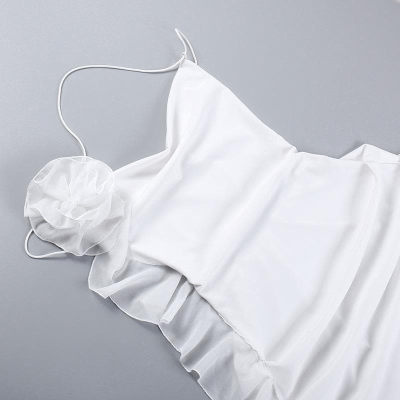 Cowl Neck Halter Flower Applique Ruffle Bodycon Mini Dress