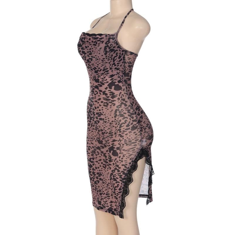 Leopard Print Cowl Neck Lace Trim Slit Bodycon Midi Dress