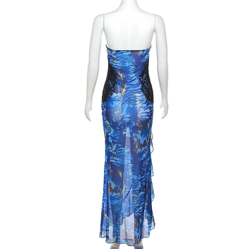 Mesh see through hollow out o ring contrast print ruffle maxi dress 4