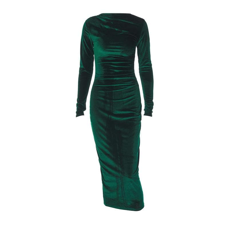 Velvet Round Neck Long Sleeve Ruched Bodycon Midi Dress