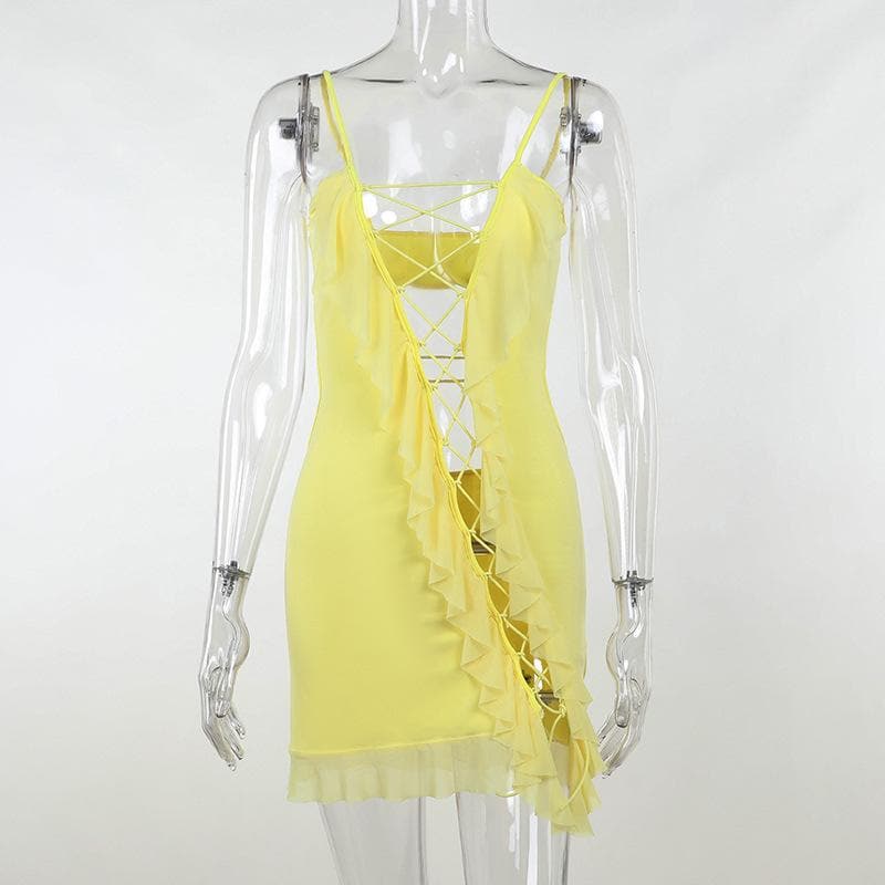 Ruffle Trim Lace Up Front Cut Out Mesh Hem Cami Mini Dress 5