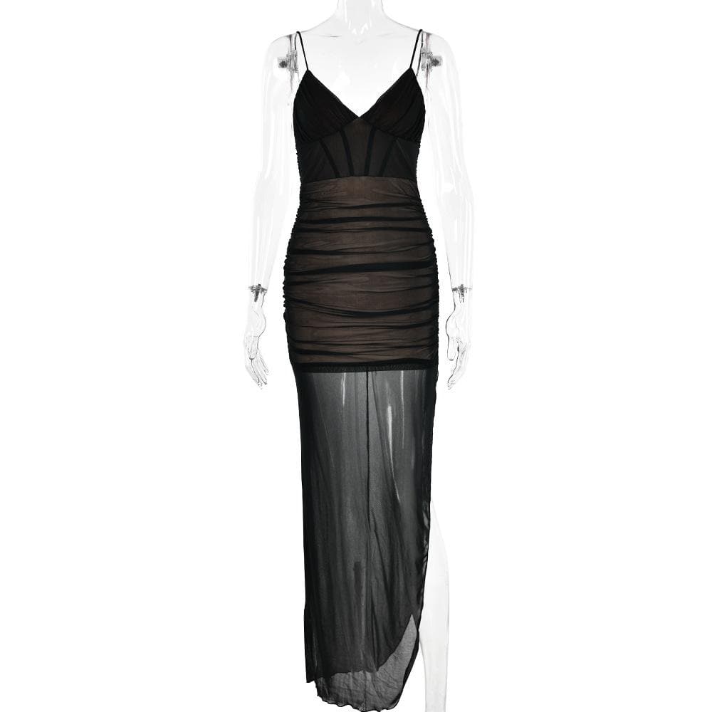 Mesh v neck ruched slit zip-up spaghetti strap maxi dress 5