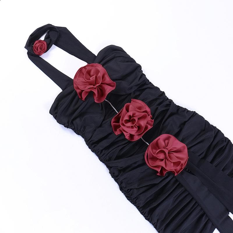 Flower Applique Strapless Cut Out Ruched Bodycon Mini Dress