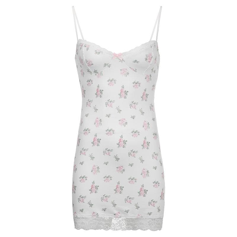 Floral Print Sweetheart Spaghetti Strap Lace Trim Bodycon Mini Dress