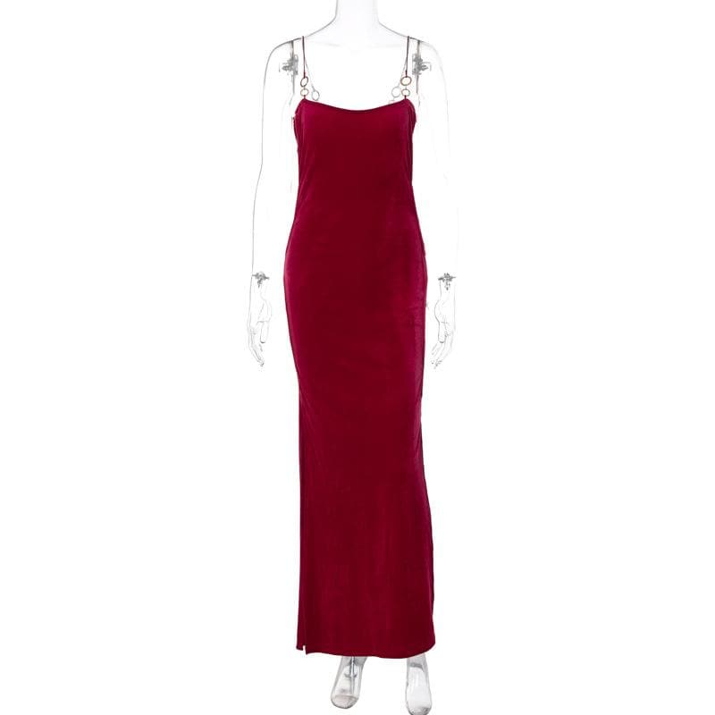 Velvet solid o ring hollow out slit backless maxi dress 2