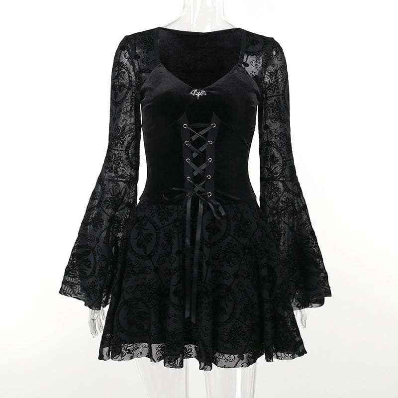 Flared sleeve velvet lace up solid patchwork mini dress - View 5
