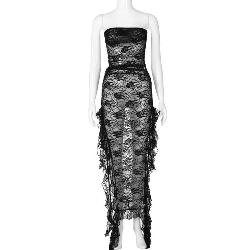 Slit ribbon lace see through solid tube maxi dress 8