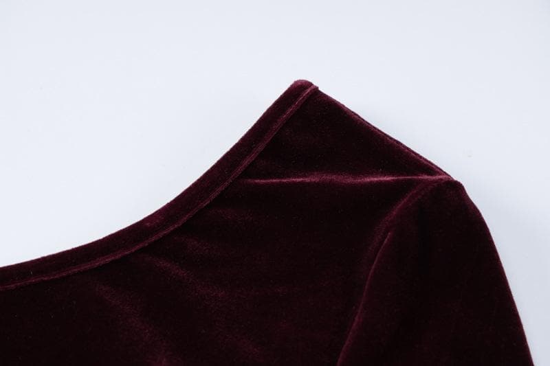 Velvet solid irregular one shoulder slit hollow out midi dress - View 4