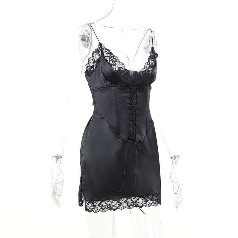 Satin V-Neck Lace Trim Lace Up Corset Mini Dress