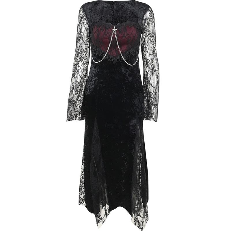 Lace contrast long flared sleeve metal chain zip-up velvet midi dress - View 2