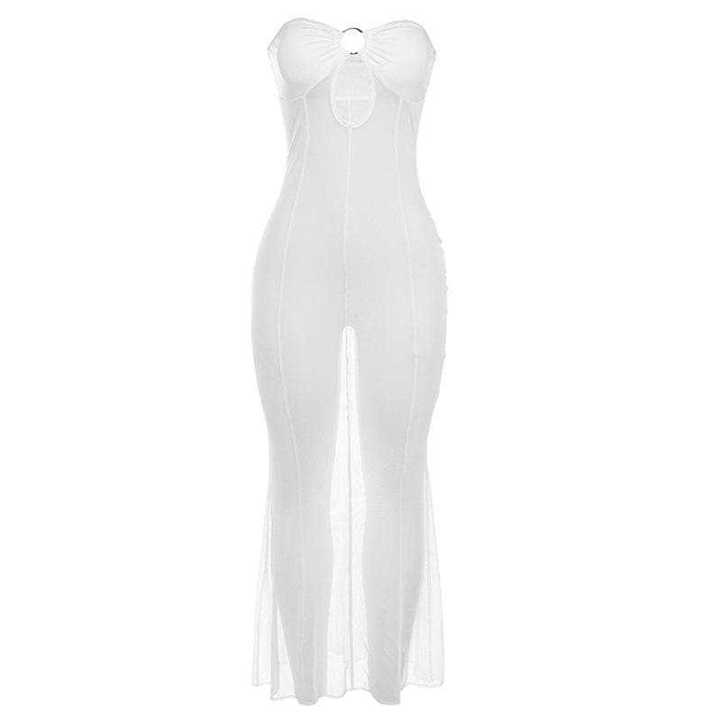 Mesh see through o ring hollow out backless tube maxi dress 3