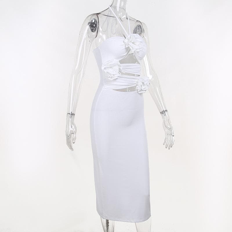 Halter Neck 3D Rose Cut Out Ruched Bodycon Maxi Dress