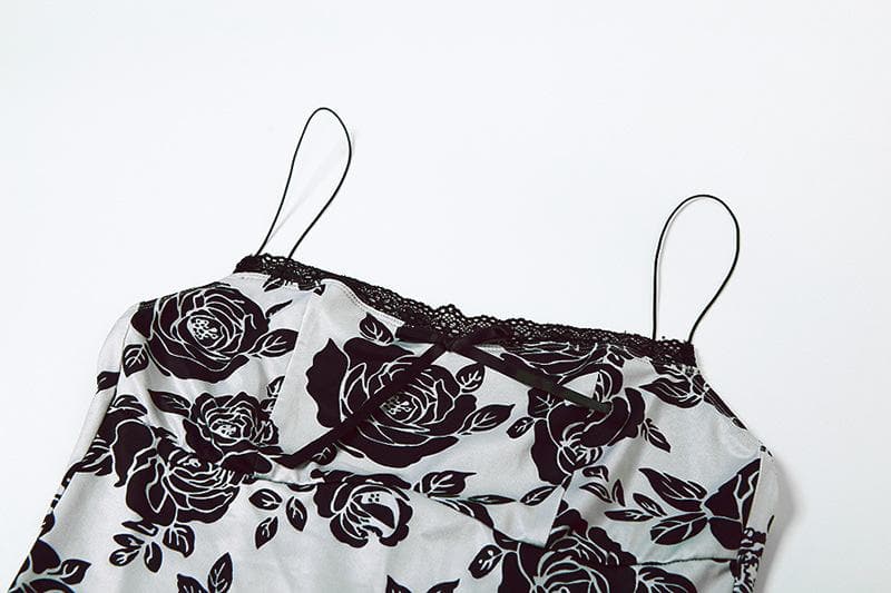 Rose print lace hem contrast spaghetti strap mini dress 9