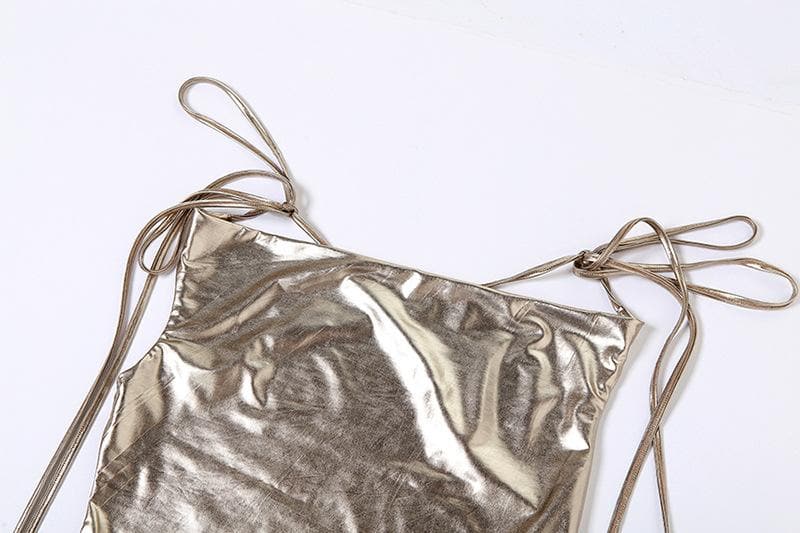 Metallic cowl neck cross back self tie ruched maxi dress 4