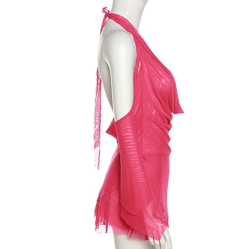 Mesh Cowl Neck Halter Long Sleeve Ruched Mini Dress