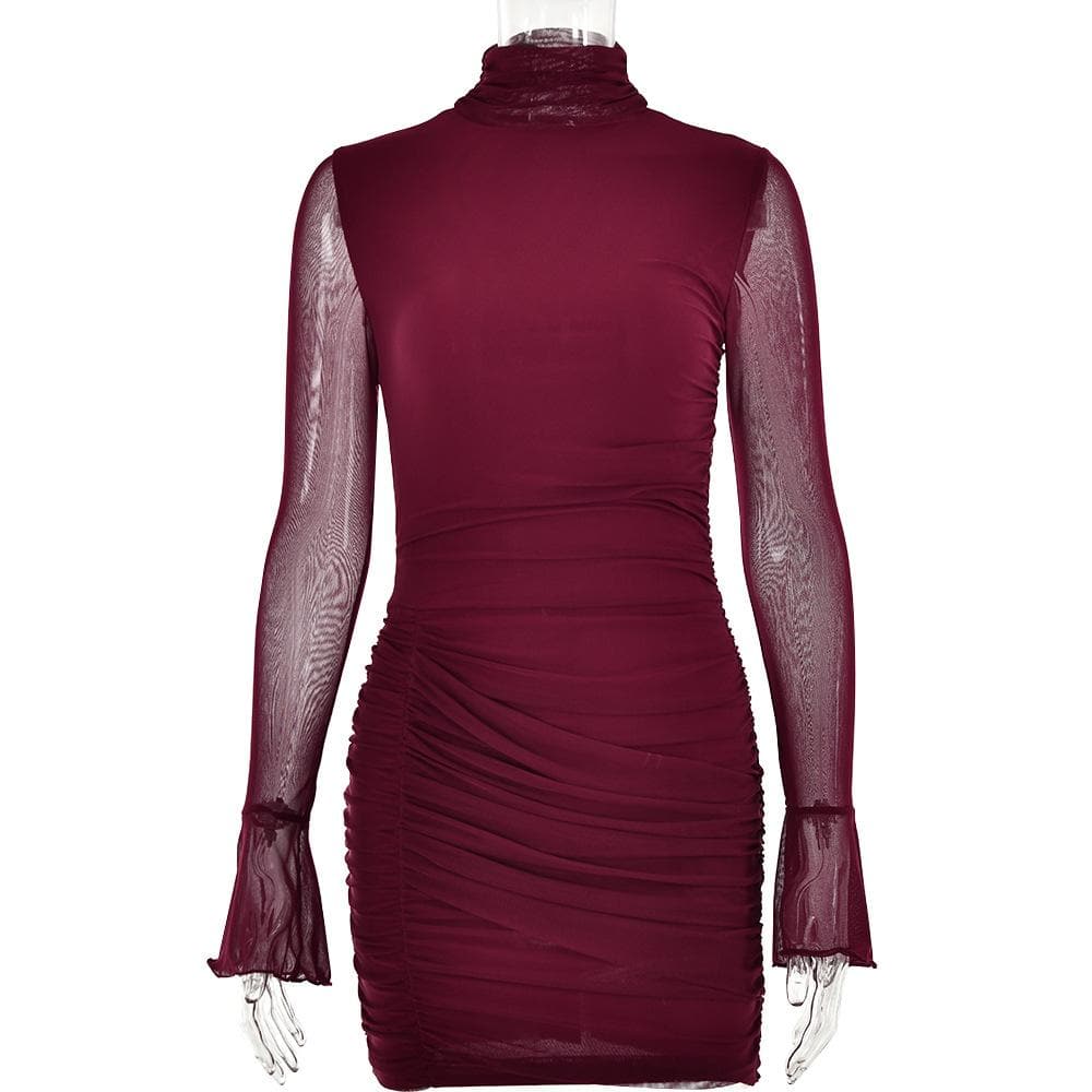 Mesh solid long sleeve turtle neck ruched zip-up mini dress 4