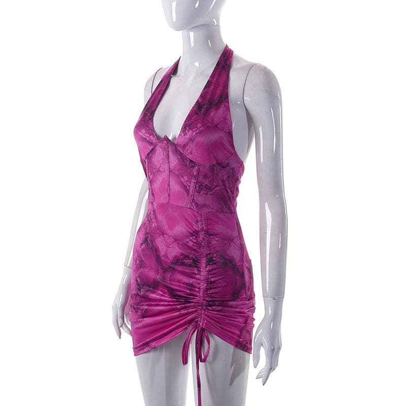 Halter Neck Corset Ruched Drawstring Backless Bodycon Mini Dress