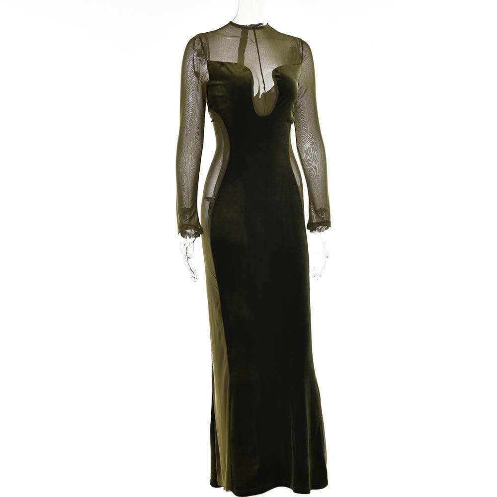 Long sleeve velvet mesh solid zip-up maxi dress - View 4