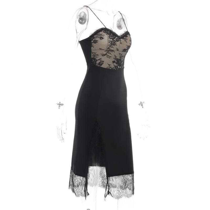 Lace patchwork contrast slit irregular midi dress - View 3