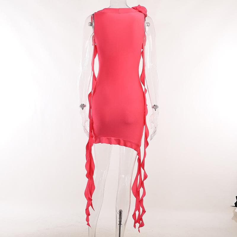 V-Neck Sleeveless Ruffle Flower Applique Asymmetric Mini Dress
