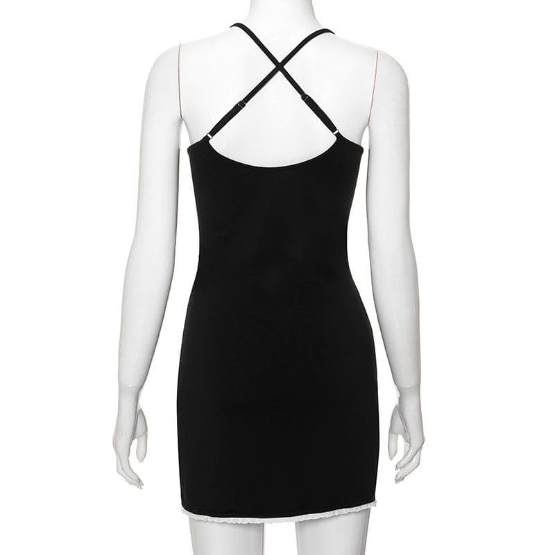 Bowknot ribbon lace hem u neck cross back backless cami mini dress 4